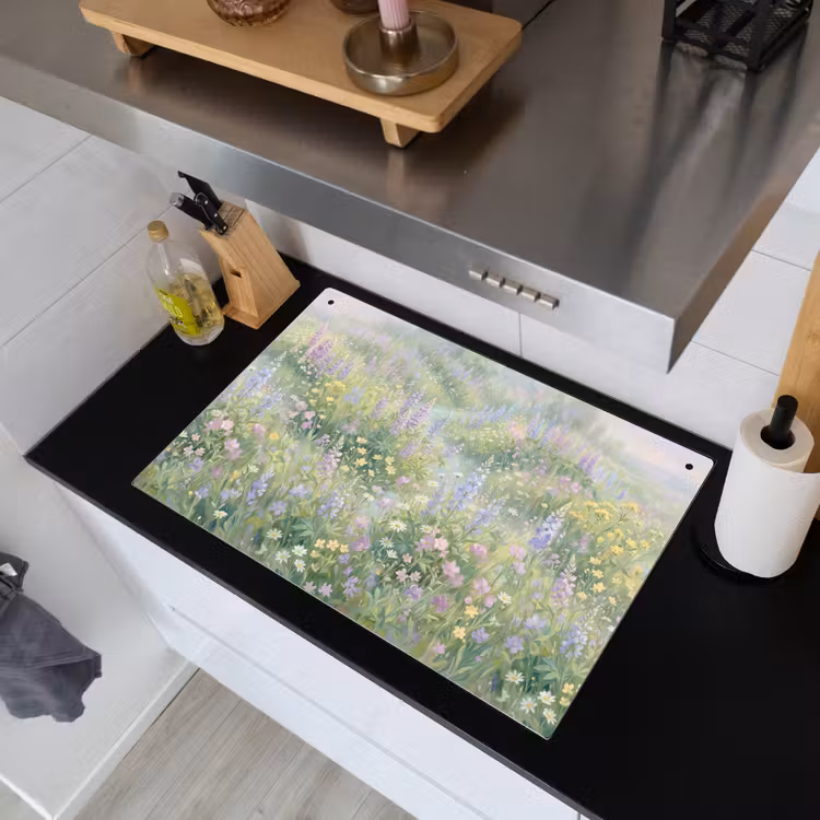 Bloemenveld - Heuvels - Kleurrijk Inductie beschemer met haakjes klein -sfeer1