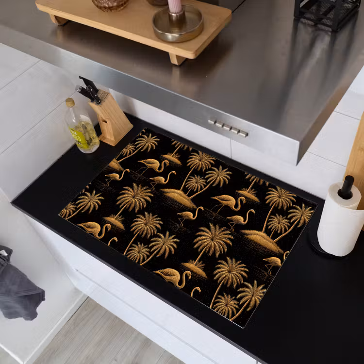 Flamingo - Palmbomen - Tropisch - Goud - Zwart Inductie beschemer met haakjes klein 777 -sfeer1