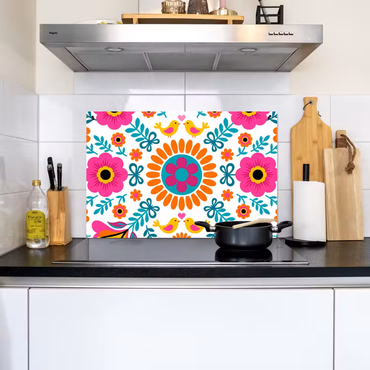 Bloemen - Vogel - Patroon - Kleurrijk - Modern Inductie beschemer met haakjes klein -sfeer2
