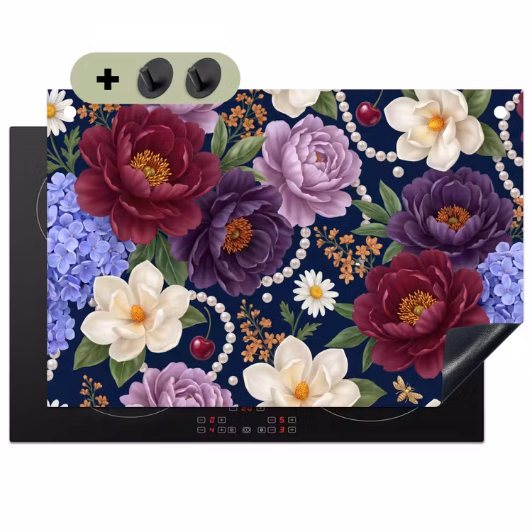 Bloemen - Parels - Decoratie - Modern - Blauw Inductie beschemer met haakjes klein -3d