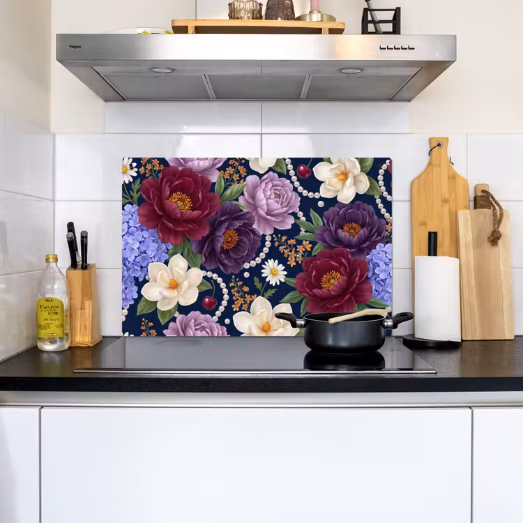 Bloemen - Parels - Decoratie - Modern - Blauw Inductie beschemer met haakjes klein -sfeer2