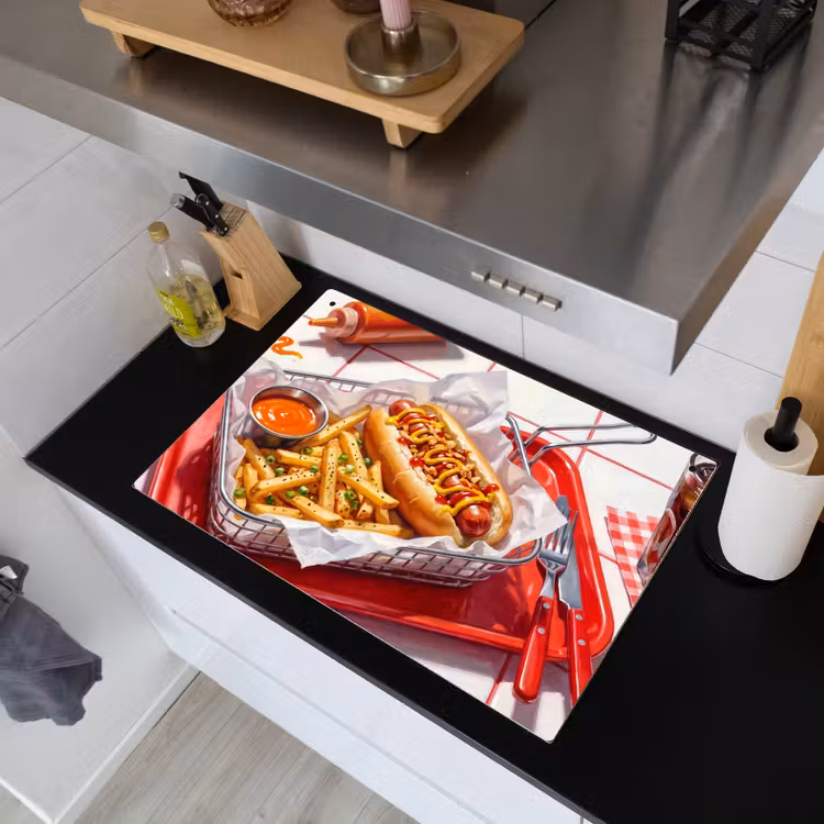 Eten - Hotdog - Fastfood - Modern - Rood Inductie beschemer met haakjes klein -sfeer1