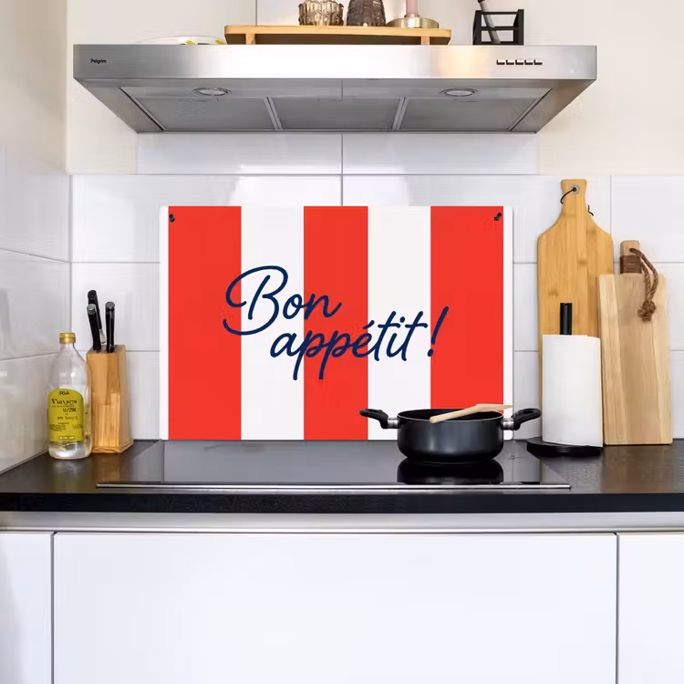 Eten - Spreuk - Keuken - Grafisch - Rood-Wit Inductie beschemer met haakjes klein -sfeer2