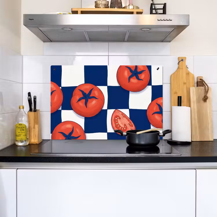Eten - Tomaten - Keuken - Illustratie - Rood-Blauw Inductie beschemer met haakjes klein -sfeer2