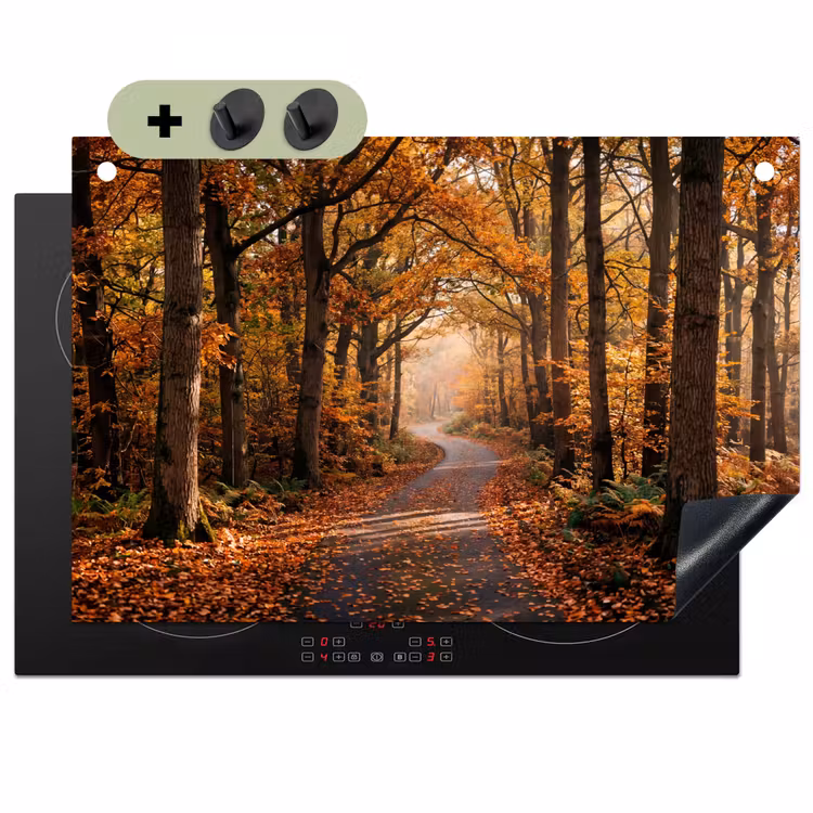 Bospad - Herfstbos - Bladeren - Oranje - Nostalgisch Inductie beschemer met haakjes klein -3d