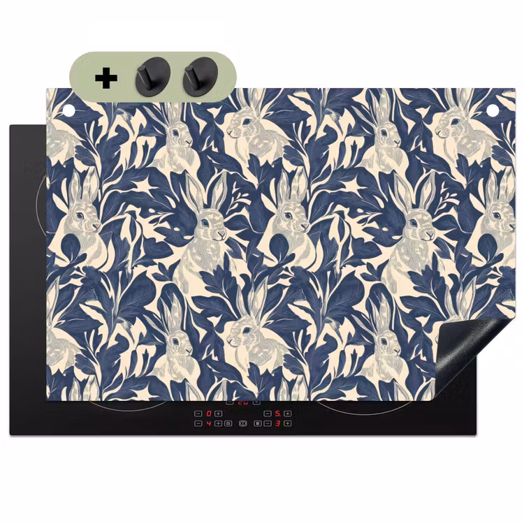 Hazen - Bladeren - Patroon - Blauw - Beige Inductie beschemer met haakjes klein 777 -3d