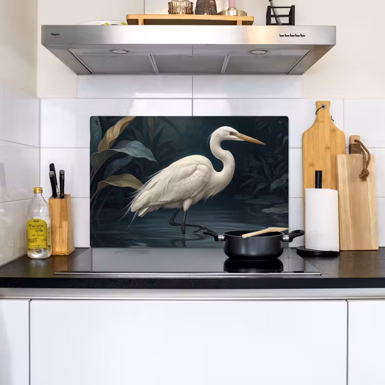 Reiger - Water - Natuur - Modern - Wit Inductie beschemer met haakjes klein -sfeer2