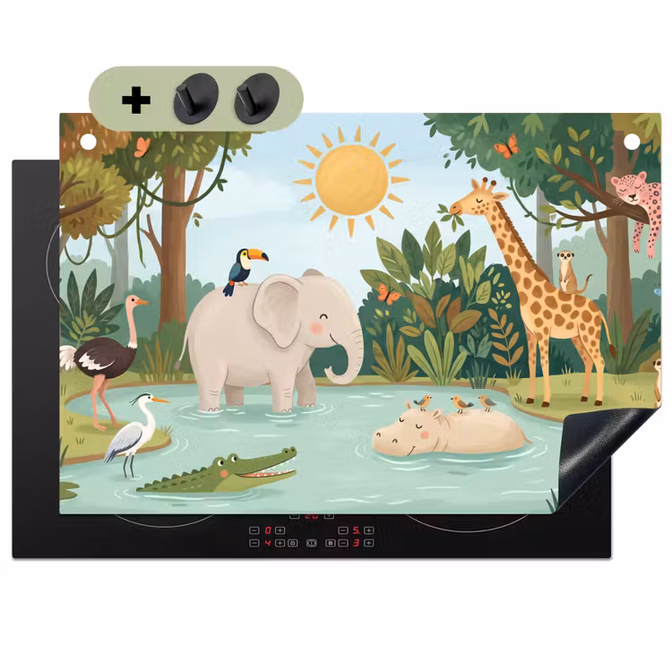 Jungle - Oase - Dieren - Kleurrijk Inductie beschemer met haakjes klein -3d