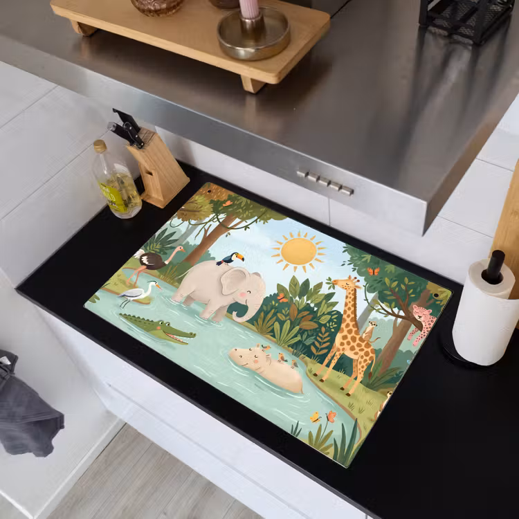 Jungle - Oase - Dieren - Kleurrijk Inductie beschemer met haakjes klein -sfeer1