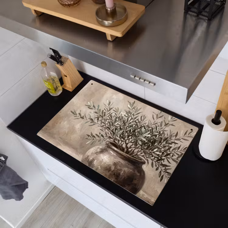 Olijfplant - Aardenpot - Abstract - Beige Inductie beschemer met haakjes klein -sfeer1