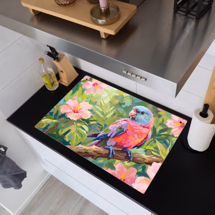 Papagaai - Hibiscusbloemen - Kleurrijk Inductie beschemer met haakjes klein -sfeer1