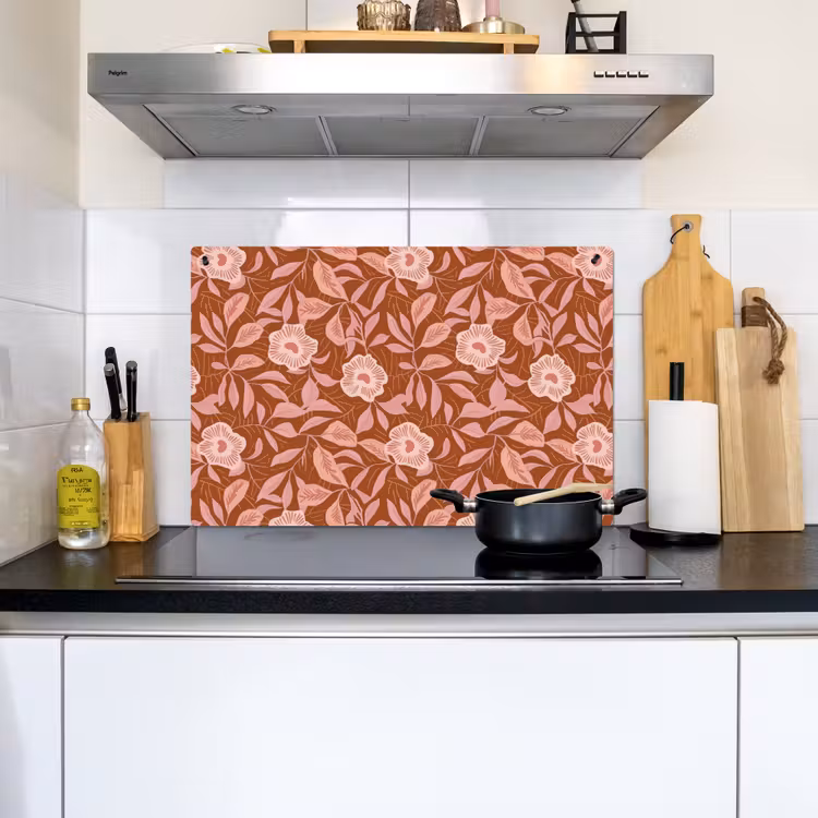 Patroon - Bladeren - Terracotta Inductie beschemer met haakjes klein 777 -sfeer2