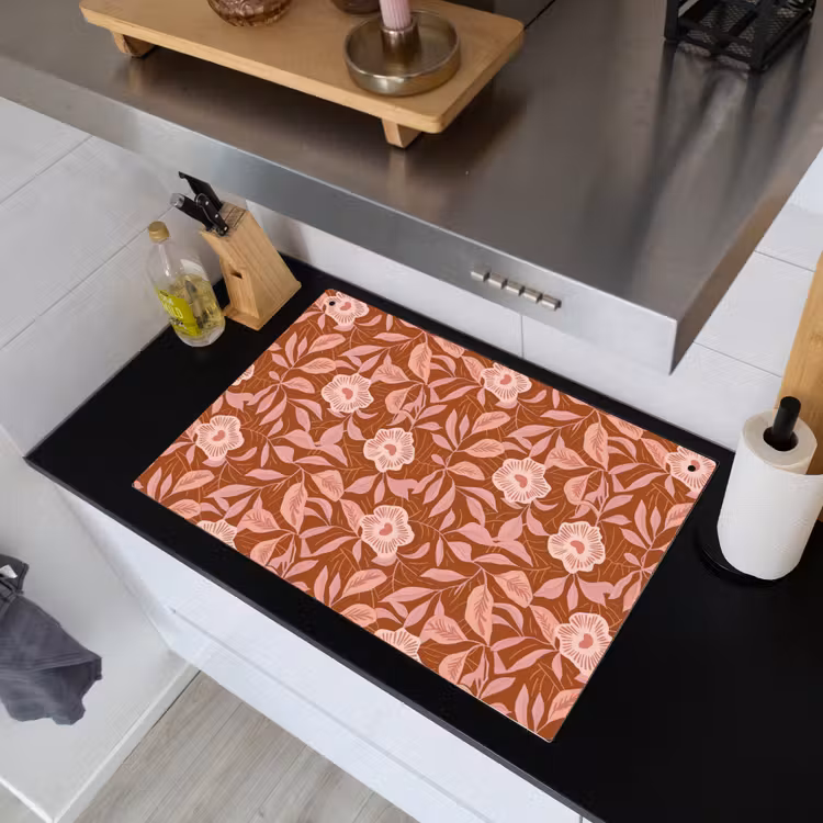 Patroon - Bladeren - Terracotta Inductie beschemer met haakjes klein 777 -sfeer1
