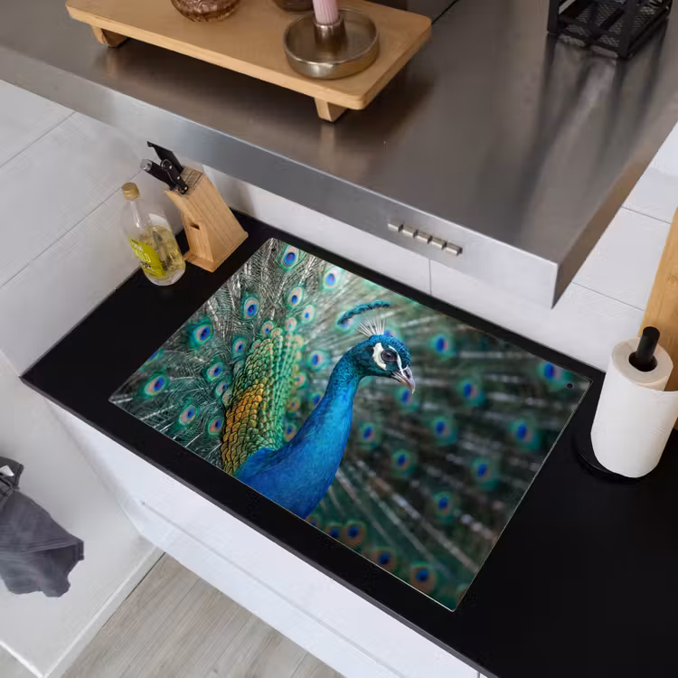 Pauw - Veren - Blauw Inductie beschemer met haakjes klein -sfeer1