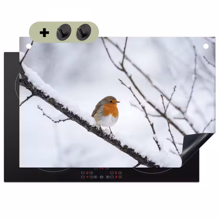 Roodborstje - Tak - Sneeuw - Winter - Levendig Inductie beschemer met haakjes klein -3d