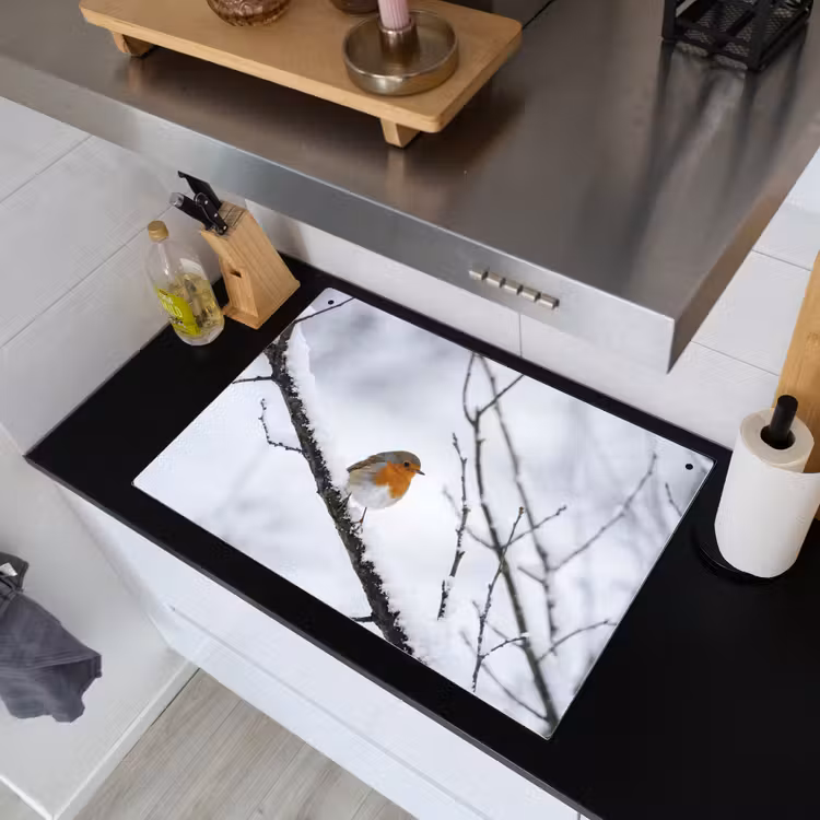 Roodborstje - Tak - Sneeuw - Winter - Levendig Inductie beschemer met haakjes klein -sfeer1