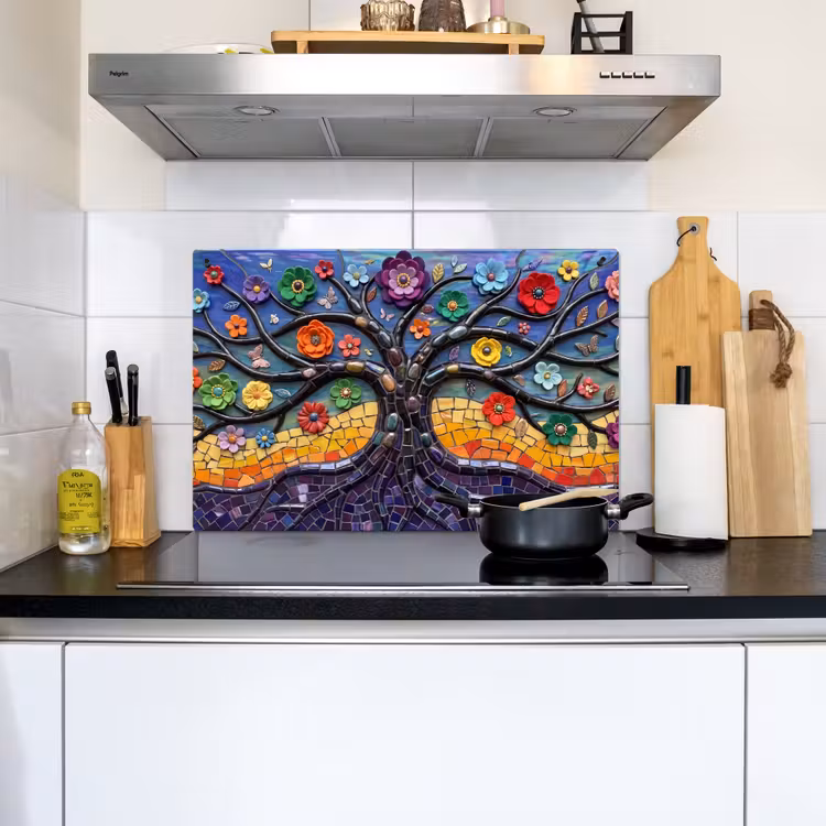 Levensboom - Mozaïek - Bloemen - Kleurrijk - Vrolijk Inductie beschemer met haakjes klein -sfeer2