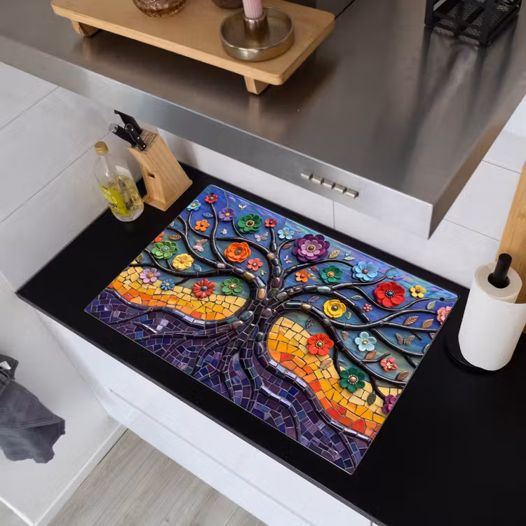 Levensboom - Mozaïek - Bloemen - Kleurrijk - Vrolijk Inductie beschemer met haakjes klein -sfeer1
