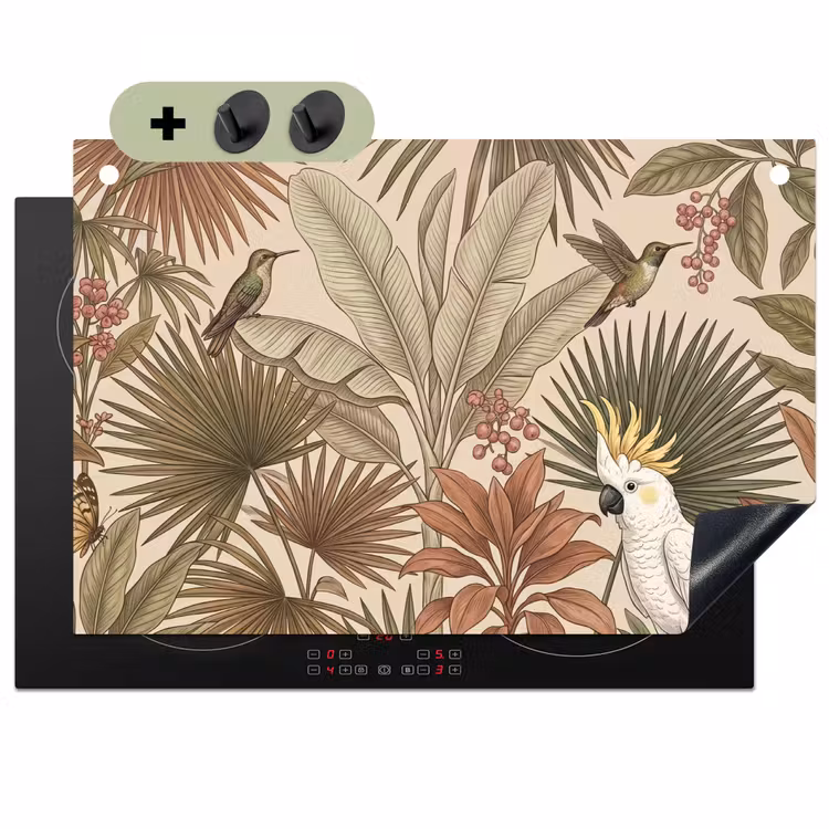 Tropisch - Vogels - Beige Inductie beschemer met haakjes klein -3d