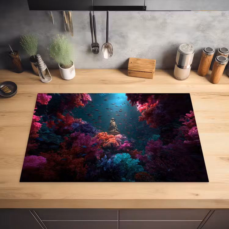 Standbeeld - Zeebodem - Koraal - Kleurrijk Inductie beschermer vinyl 3mm klein -sfeer5