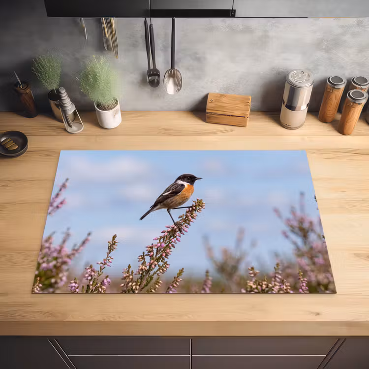 Roodborsttapuit - Heide - Paars - Natuur - Sfeervol Inductie beschermer vinyl 3mm klein -sfeer5