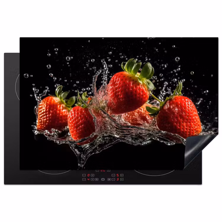 Aardbeien - Fruit - Rood - Water - Zwart Inductie beschermer vinyl 3mm klein -3d