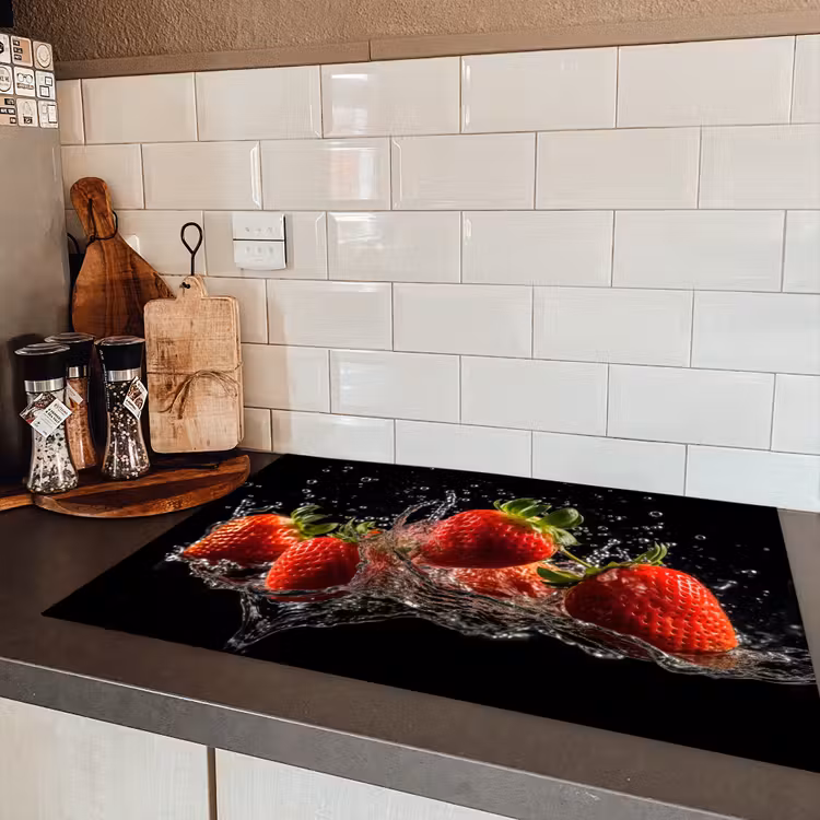 Aardbeien - Fruit - Rood - Water - Zwart Inductie beschermer vinyl 3mm klein -sfeer3