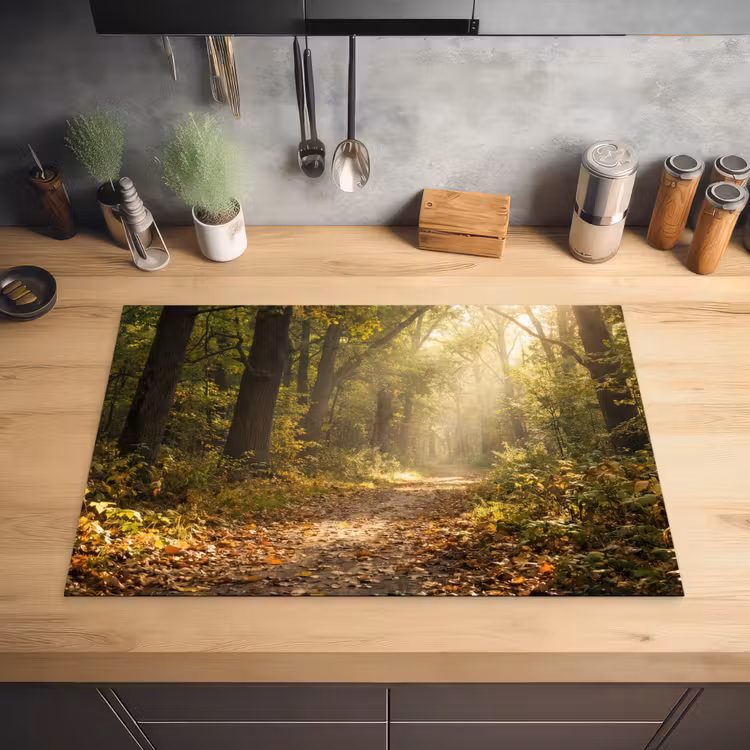 Zonlicht - Bospad - Bomen Inductie beschermer vinyl 3mm klein -sfeer5