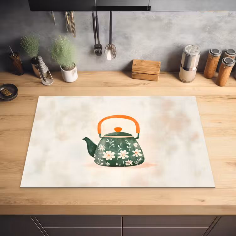 Theepot - Groen - Bloemen - Oranje Inductie beschermer vinyl 3mm klein -sfeer5