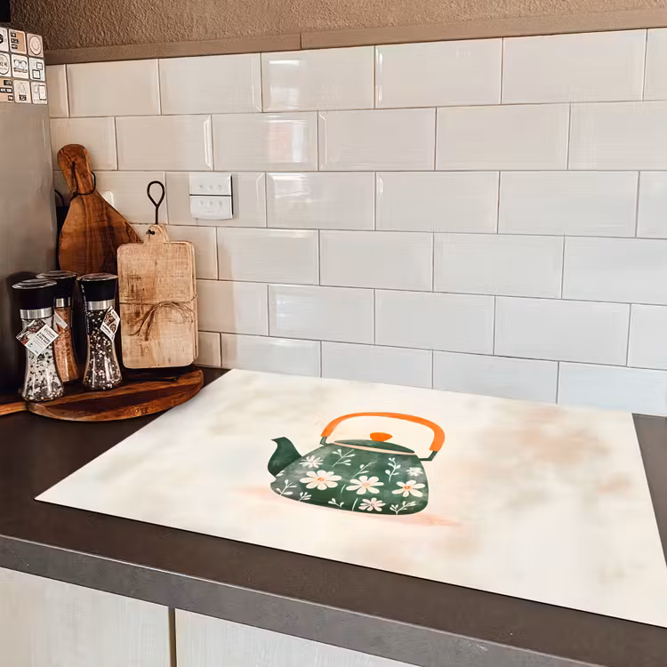 Theepot - Groen - Bloemen - Oranje Inductie beschermer vinyl 3mm klein -sfeer3