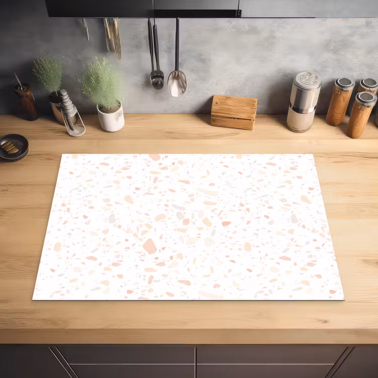 Terrazzo -  Patroon - Wit - Perzik Inductie beschermer vinyl 3mm klein 276 -sfeer5