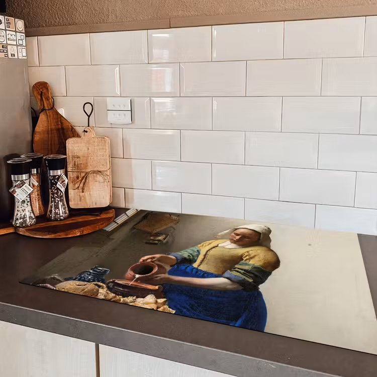 Het melkmeisje - Schilderij van Johannes Vermeer Inductie beschermer vinyl 3mm klein -sfeer3