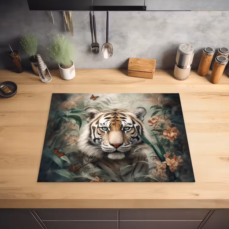 Tijger - Vlinders - Dieren - Jungle - Bloemen Inductie beschermer vinyl 3mm groot -sfeer5