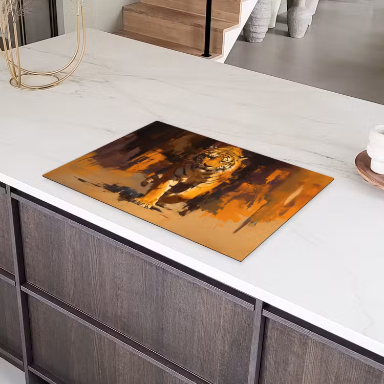 Tijger - Geschilderd - Oranje - Penseelstreken Inductie beschermer vinyl 3mm klein -sfeer8