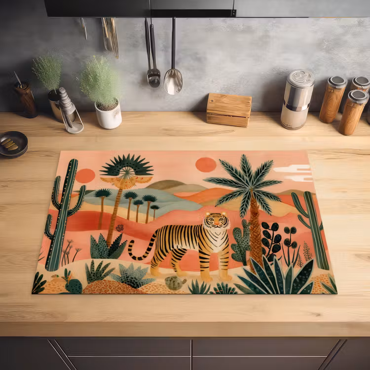 Tijger - Palmen - Cactus - Oranje Inductie beschermer vinyl 3mm klein -sfeer5