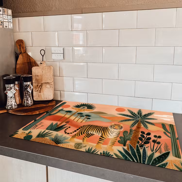 Tijger - Palmen - Cactus - Oranje Inductie beschermer vinyl 3mm klein -sfeer3