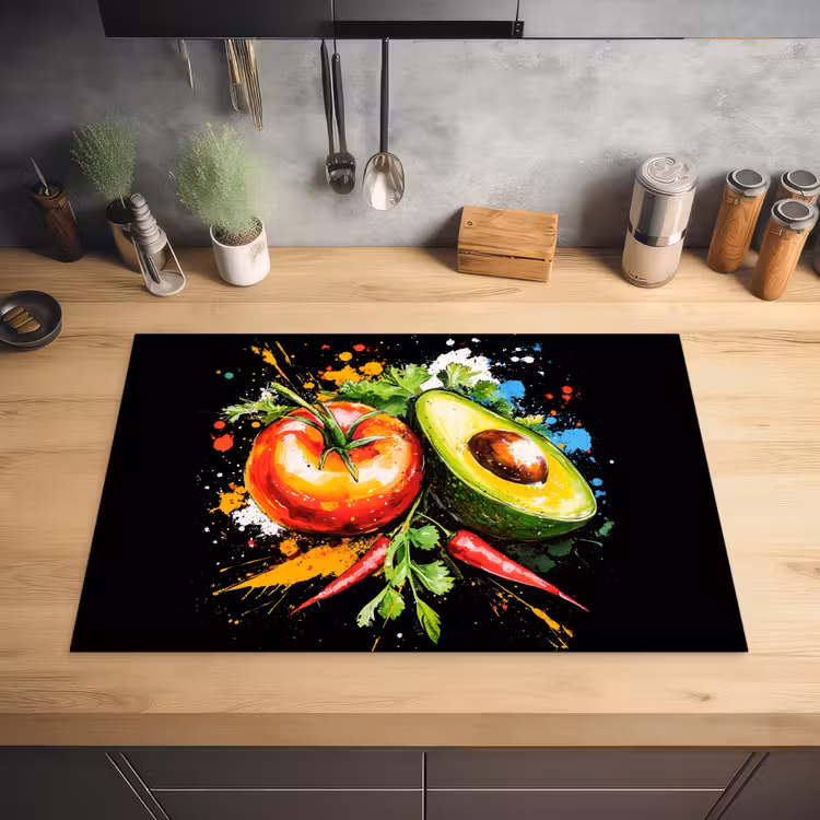 Tomaat - Avocado - Peper - Graffiti - Verf - Modern Inductie beschermer vinyl 3mm klein -sfeer5