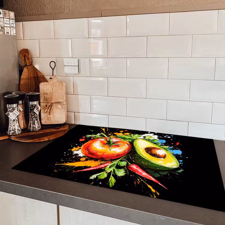 Tomaat - Avocado - Peper - Graffiti - Verf - Modern Inductie beschermer vinyl 3mm klein -sfeer3