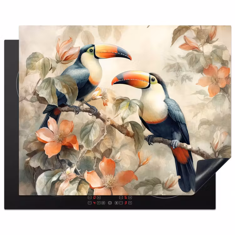 Toekan - Vogels - Bloemen - Tak Inductie beschermer vinyl 3mm groot -3d