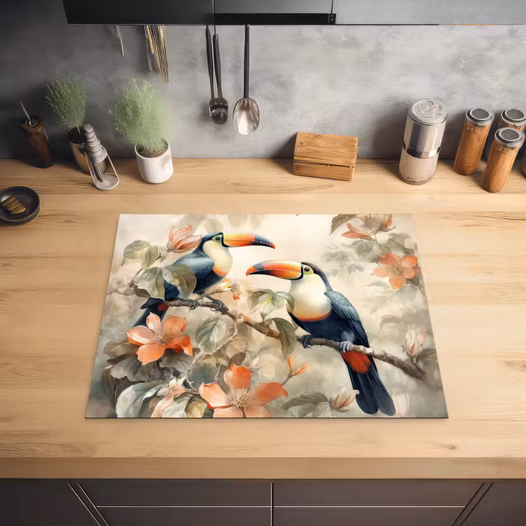 Toekan - Vogels - Bloemen - Tak Inductie beschermer vinyl 3mm groot -sfeer5