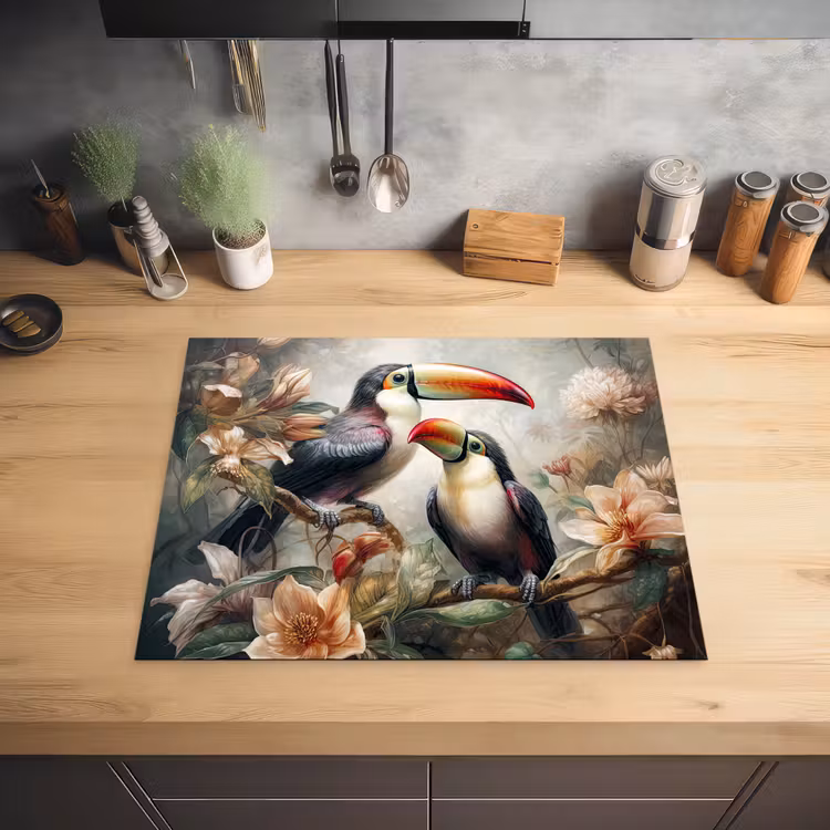 Toekan - Vogels - Bloemen - Jungle Inductie beschermer vinyl 3mm groot -sfeer5
