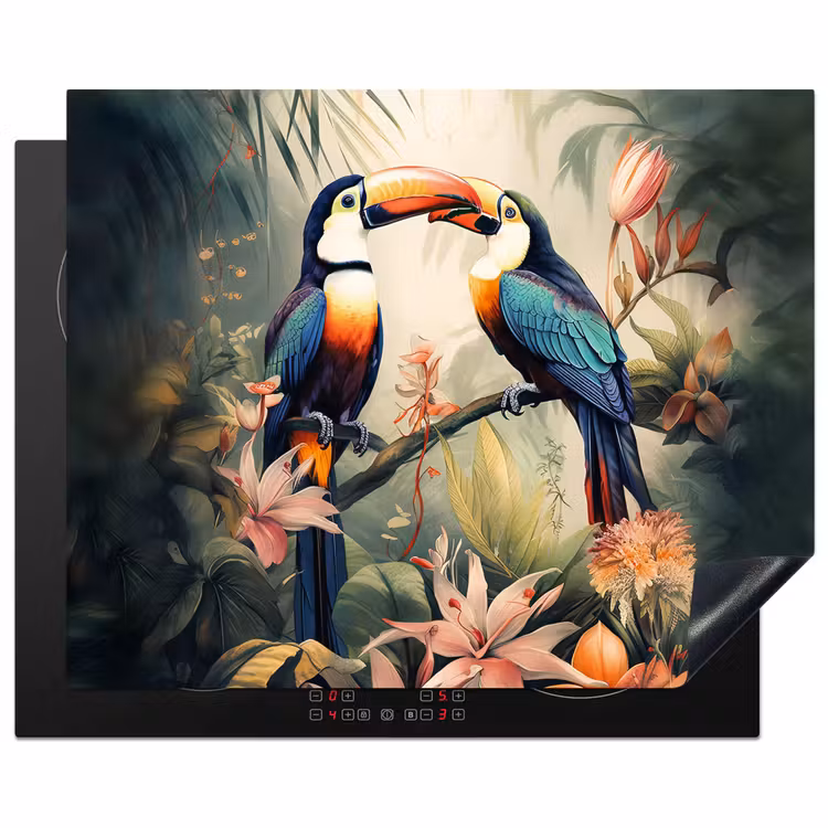 Toekan - Vogels - Bloemen - Natuur - Jungle Inductie beschermer vinyl 3mm groot -3d