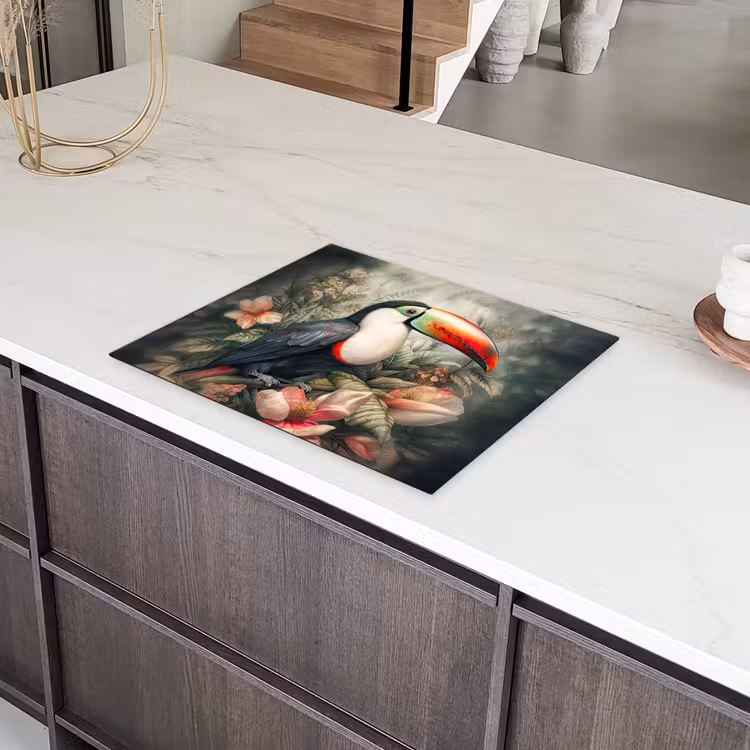 Toekan - Vogels - Bloemen - Planten - Tropisch Inductie beschermer vinyl 3mm groot -sfeer8