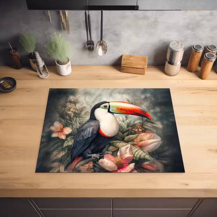 Toekan - Vogels - Bloemen - Planten - Tropisch Inductie beschermer vinyl 3mm groot -sfeer5