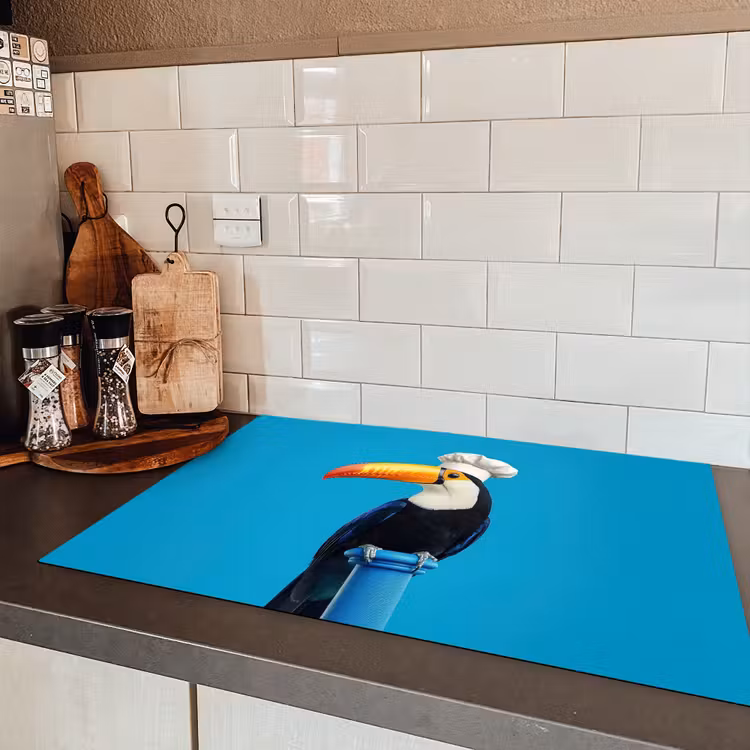 Tucan - Sokkel - Vogel - Koksmuts Inductie beschermer vinyl 3mm klein -sfeer3