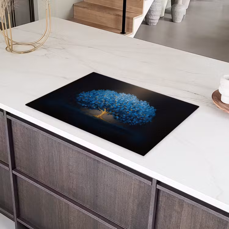 Boom - Blauw - Bladeren - Penseelstreken Inductie beschermer vinyl 3mm klein -sfeer8