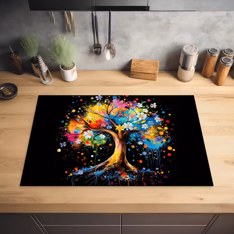 Boom - Kleurrijk - Bloemen - Zwart Inductie beschermer vinyl 3mm klein -sfeer5