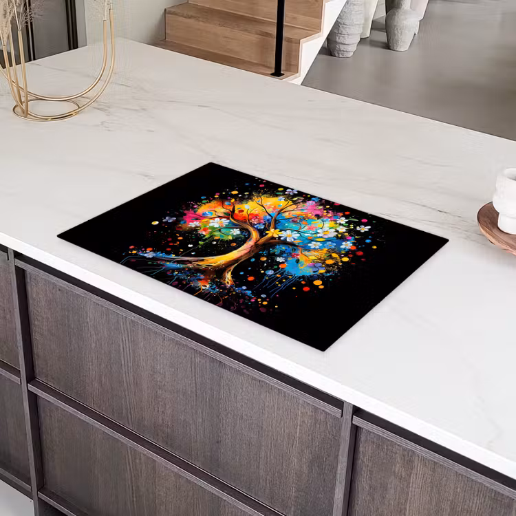Boom - Kleurrijk - Bloemen - Zwart Inductie beschermer vinyl 3mm klein -sfeer8