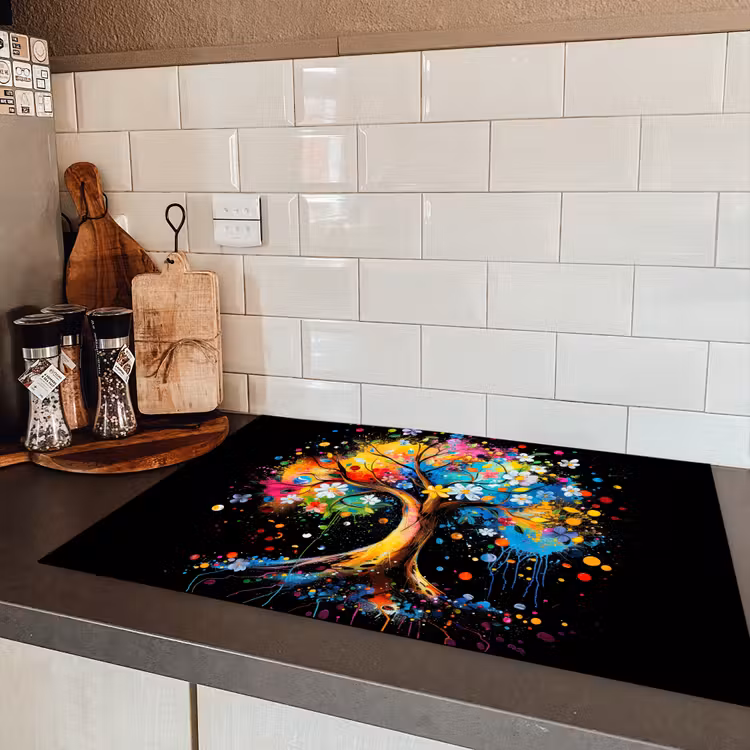 Boom - Kleurrijk - Bloemen - Zwart Inductie beschermer vinyl 3mm klein -sfeer3