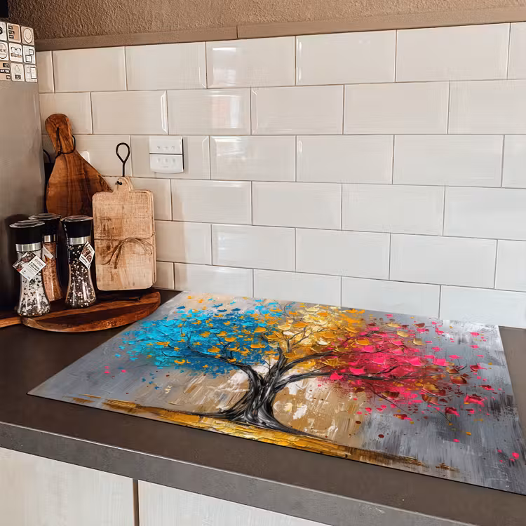 Boom - Kleurrijk - Grijs - Modern Inductie beschermer vinyl 3mm klein -sfeer3